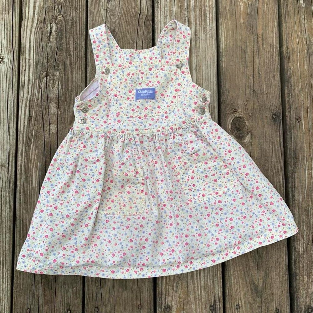 Vintage 80's 90's Floral Cream Oshkosh Bgosh Girla Denim Overalls Dress